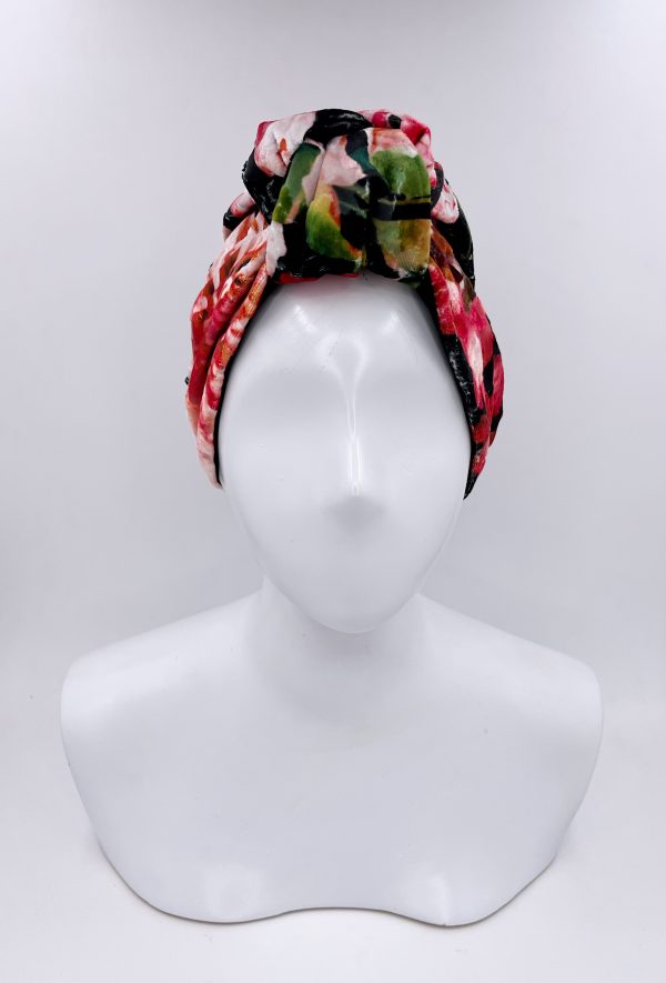 Turbante Agata Velluto Devoré Fiori Rossi