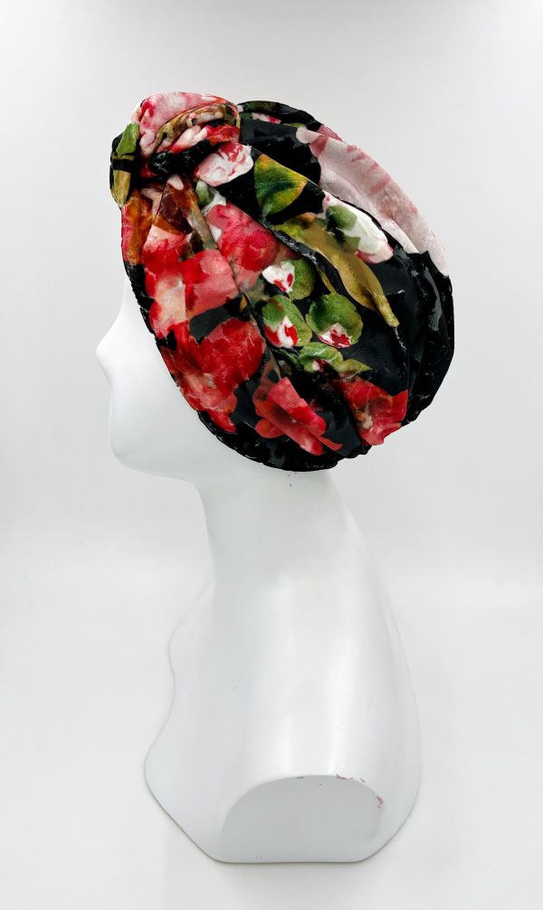 Turbante Agata Velluto Devoré Fiori Rossi - immagine 4